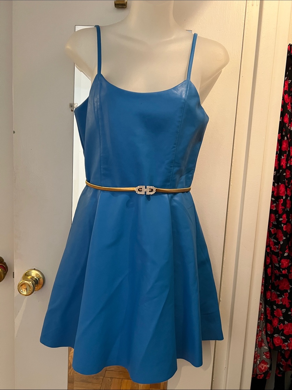 Blue Spaghetti-Strap Kids Dress with Decorative Belt